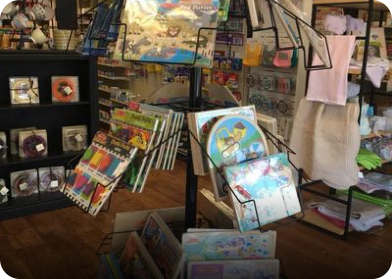 Variety of puzzles on display rack